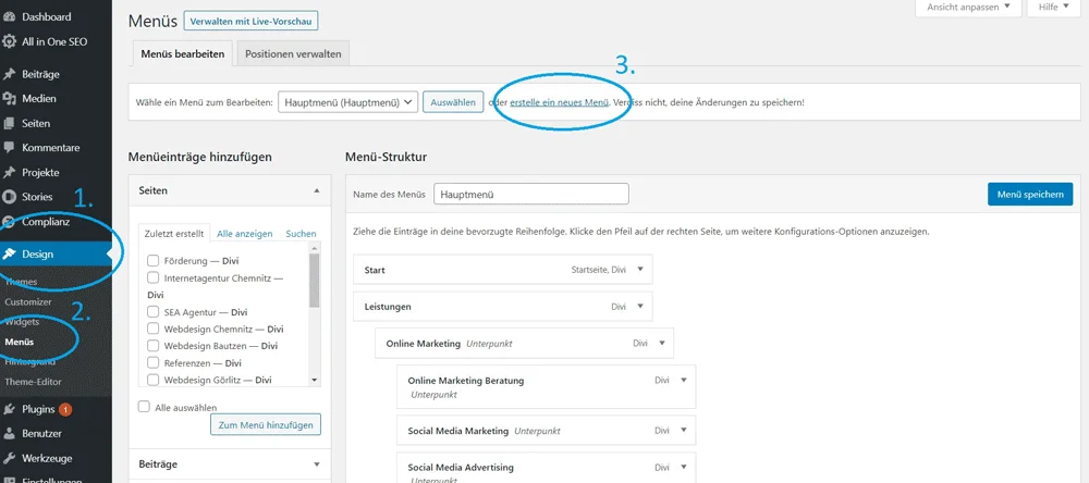WordPress Menü erstellen — Schritt 1 bis 3