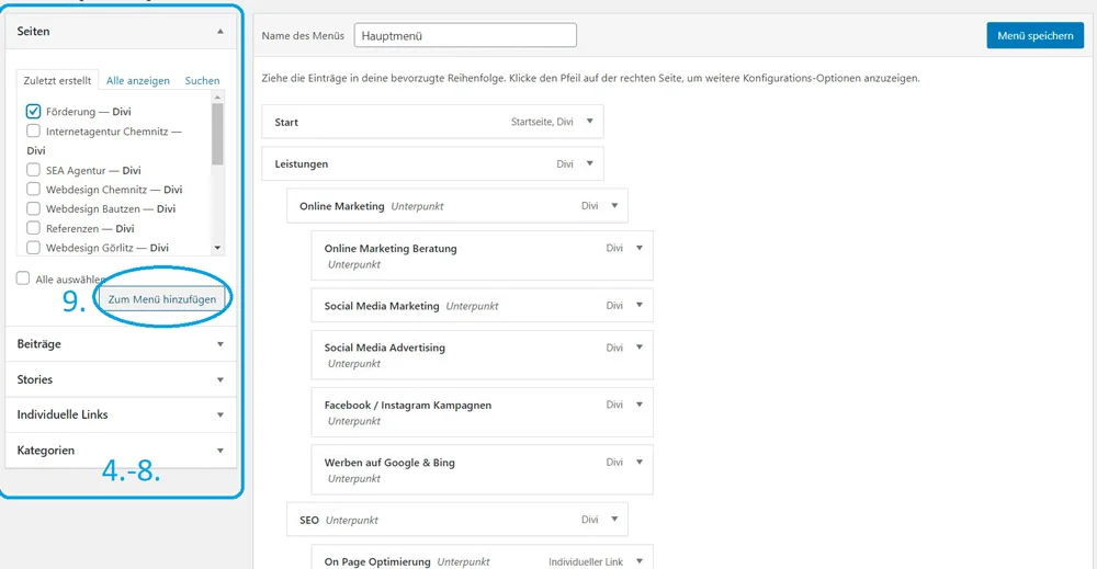 WordPress Menü erstellen — Schritt 4 bis 9