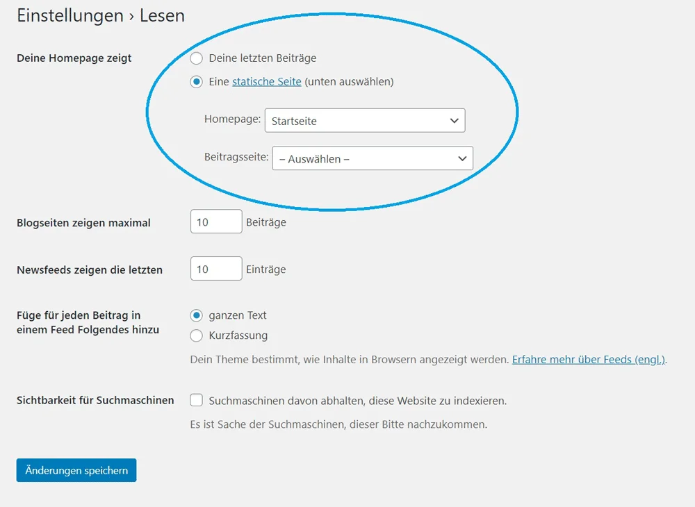 WordPress Startseite festlegen — Ergebnis