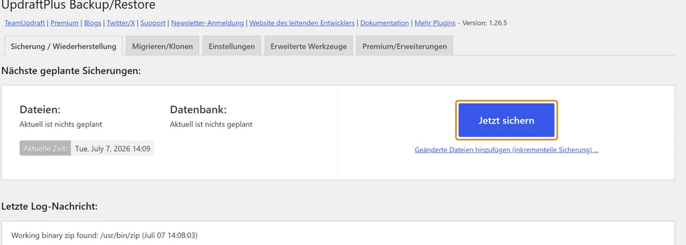 UpdraftPlus Backup/Restore: der Button Jetzt sichern ist hervorgehoben