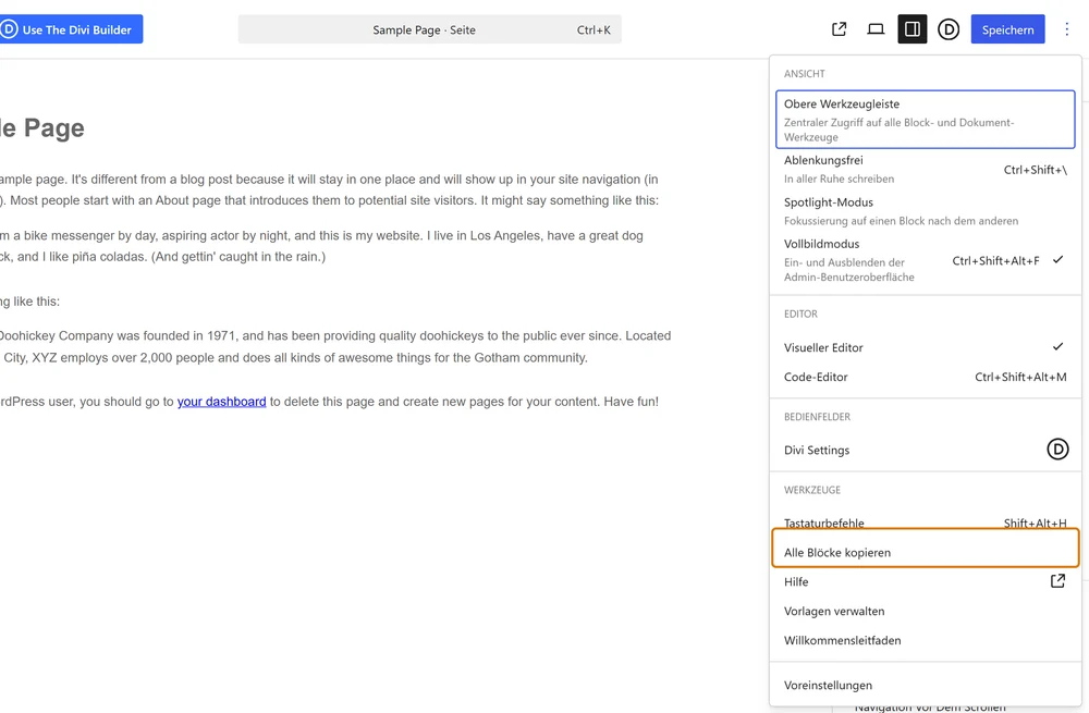 WordPress Block-Editor: Drei-Punkte-Menü geöffnet mit hervorgehobenem Eintrag Alle Blöcke kopieren