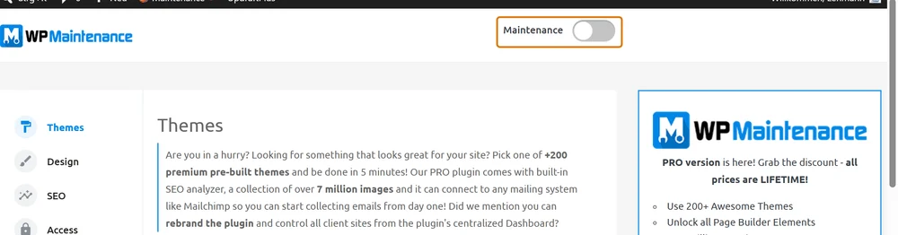 WP-Maintenance-Plugin: der Maintenance-An-/Aus-Schalter oben rechts ist hervorgehoben